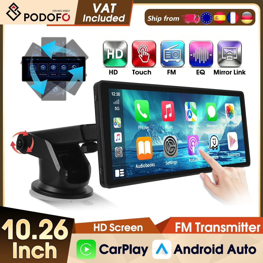 Podofo 10,26'' Auto-Monitor Kabelgebunden/Kabellos Carplay Android Auto AirPlay Android Cast Autoradio FM-Transmitter SD-Karte USB BT EQ
