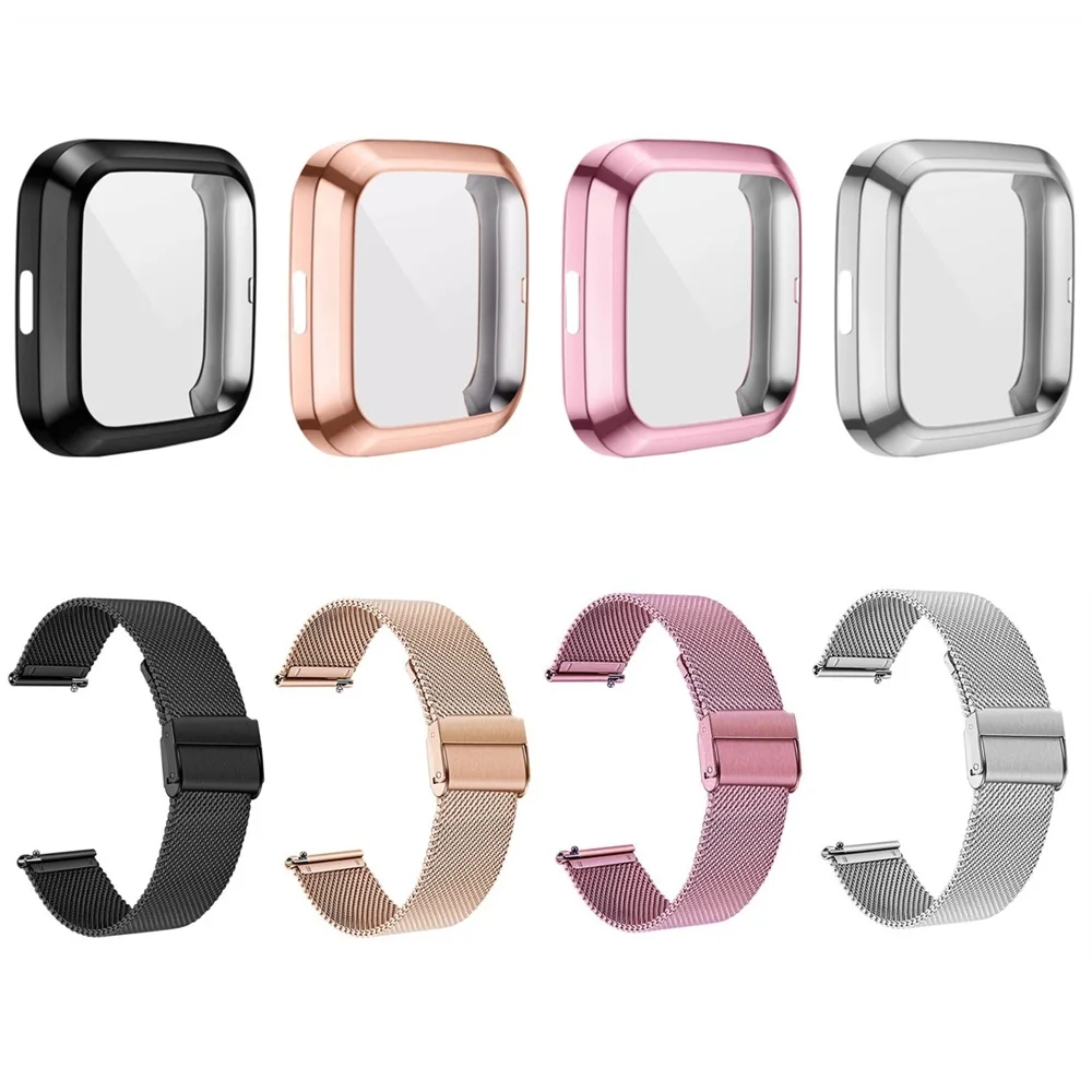 2in1 Metal Band + Protective Cover Case For Fitbit Versa 2 Mesh Loop Bracelet For Fitbit Versa Lite TPU Shell Stainless Strap