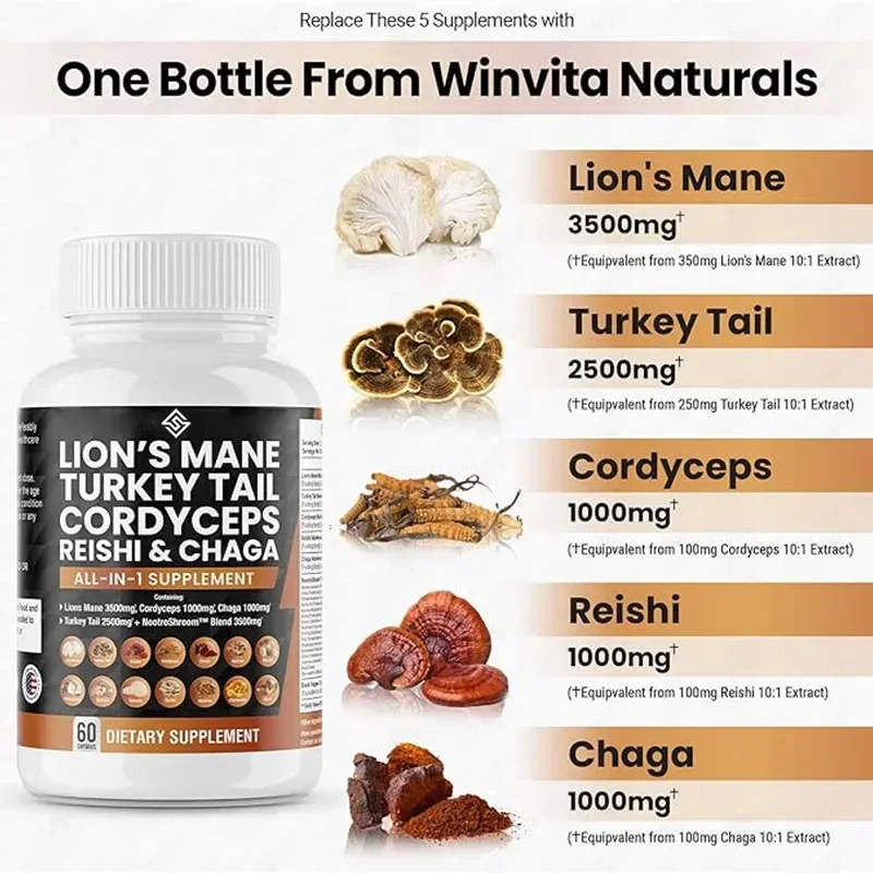 Lions Mane Mushroom Supplement Contains Turkey Tail, Ganoderma Lucidum, Cordyceps Sinensis, And Chaga Mushroom