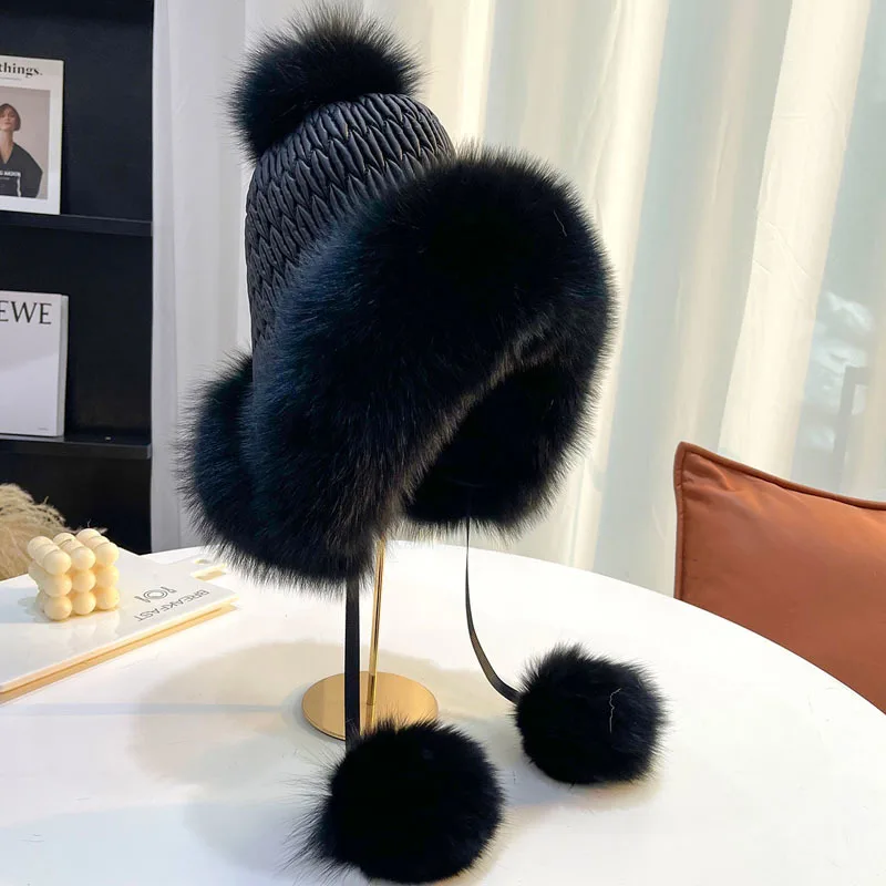 Fox Fur Hat  Winter Lei Feng Hat With Sweet And Lovely Plush Ball  Ear Protection Cap Real Natural Fox Fur Hat Black Fur Cap