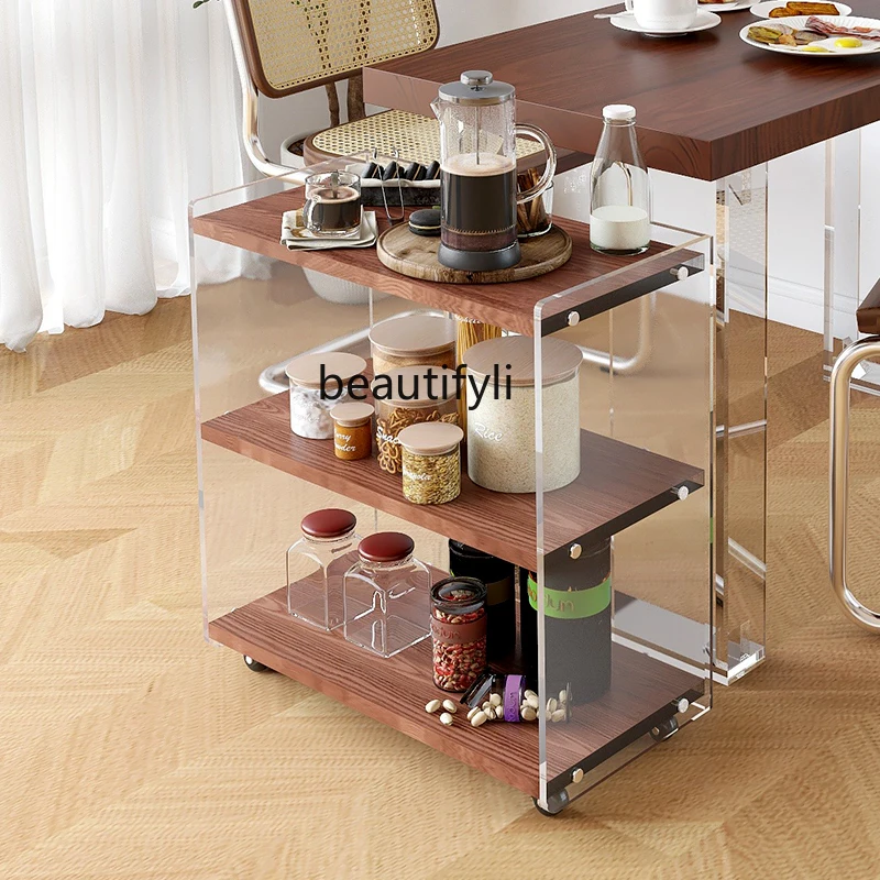 zq Sofa Side Table Removable Transparent Acrylic Trolley Ash Wood Corner Table Living Room Side Cabinet Storage Rack