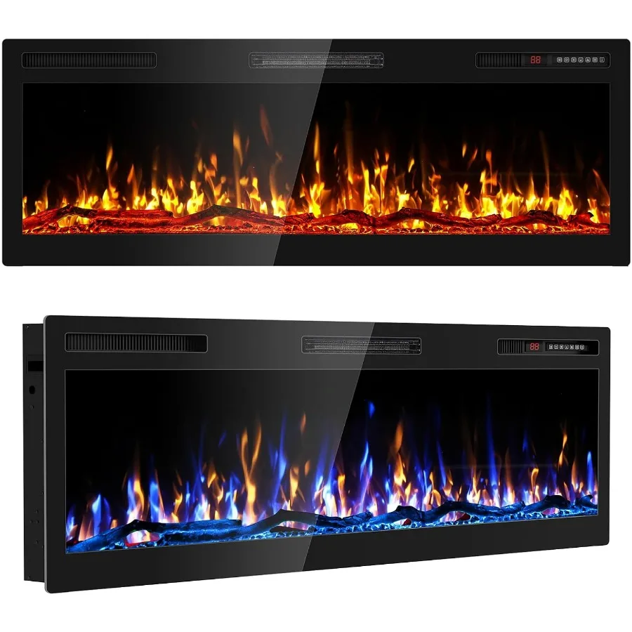 

50 Inch Electric Fireplace Wall Mounted and Recessed with Remote Control Color Adjustable Realistic Flame Effect with Timer Fun