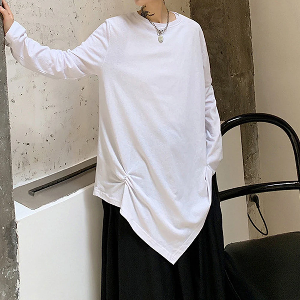 Mens Y2k Irregular Design Plain Tee Streetwear Fashion Nightclub Stage Niche Japanese Youth Trend Loose Long Sleeve Top 2026