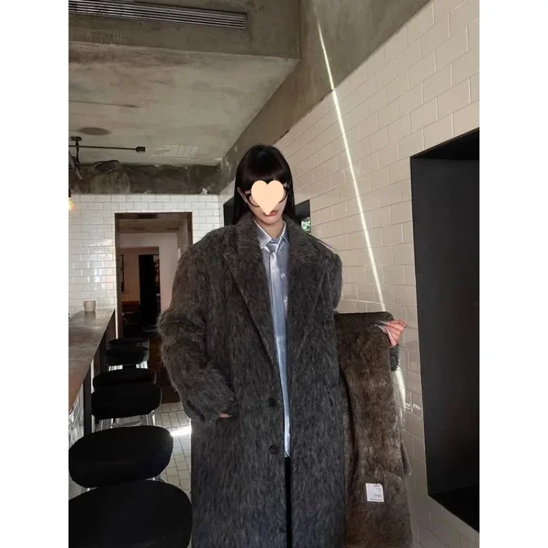 Young casual British woolen coat niche design wide version high-grade gray plus long woolen coat women