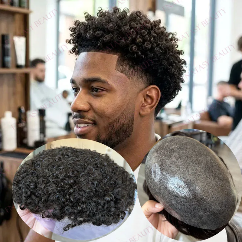 

Hairloss Black Man's Human Hair Toupee Super Durable 0.12mm PU Base Man's Grey Black Dark Brown Natural 12mm Curly Hair System