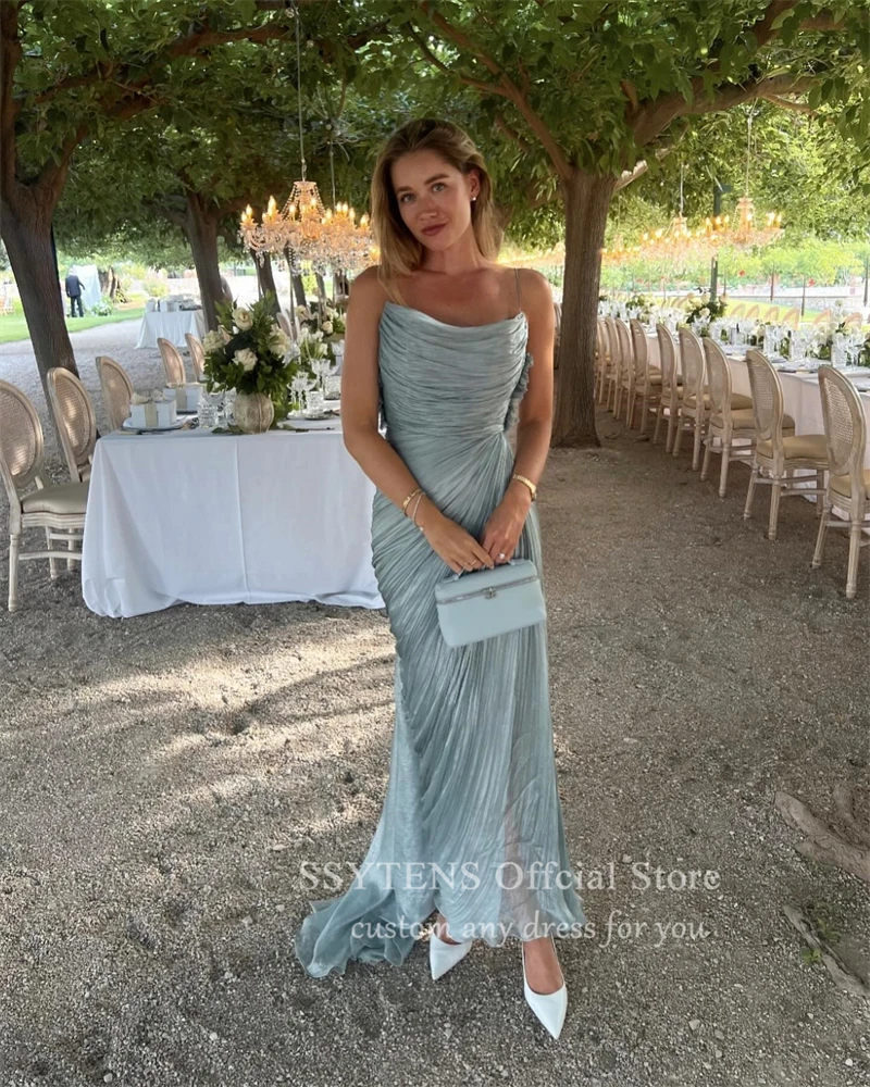 Eleganti abiti da sera blu crêpe Abiti da ballo senza spalline personalizzati Chic Abiti da festa per invitati a un matrimonio saudita Abiti da