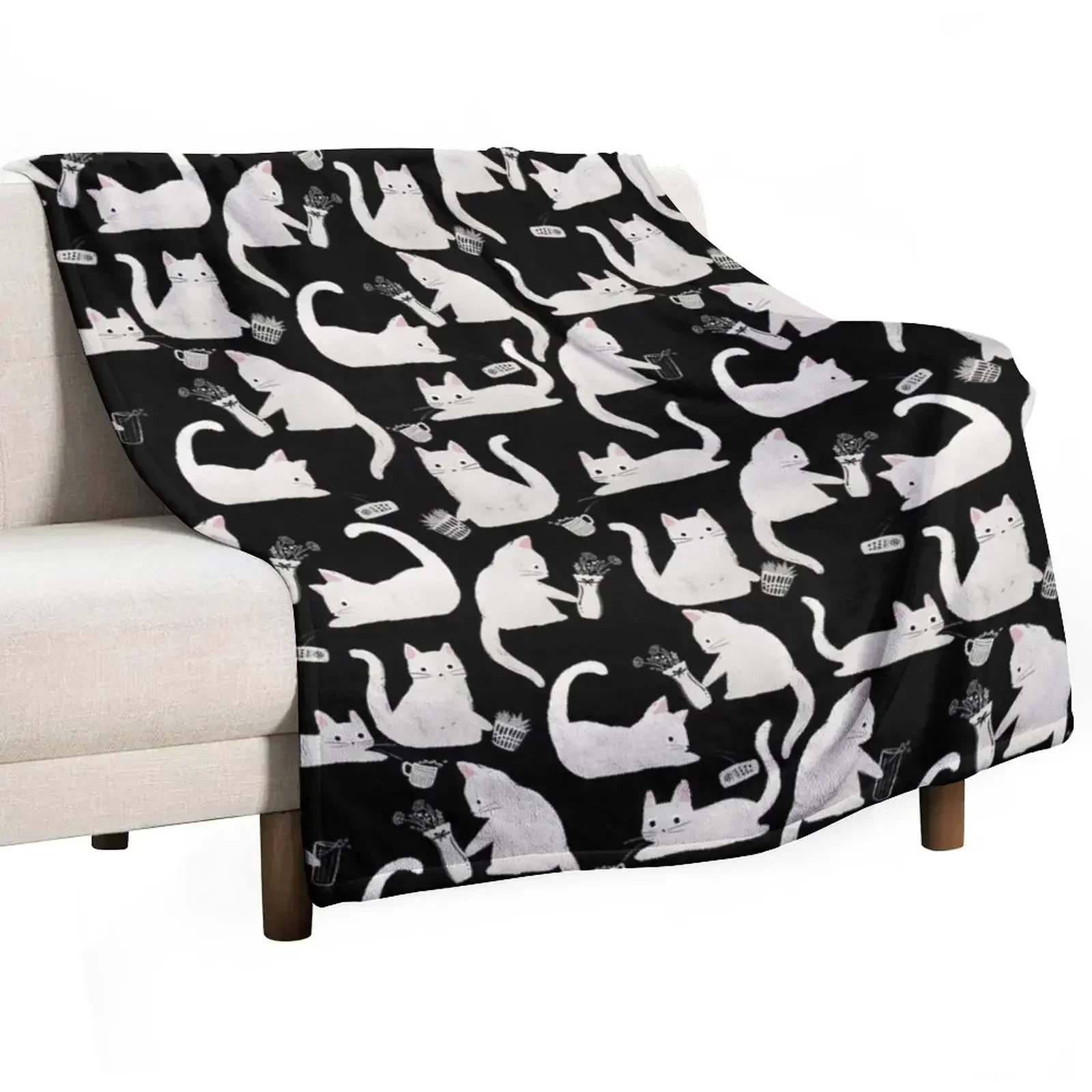 

Bad Cats Knocking Stuff Over, White Cats on Black Throw Blanket Furrys Sleeping Bag Blankets