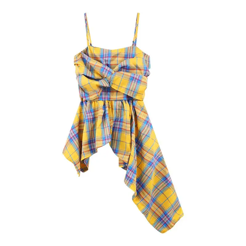 American Retro Summer Plaid  Strap Vest Dopaamine Slim Sweet And Spicy Girl Asymmetrical Top Women's Fashion Cotton
