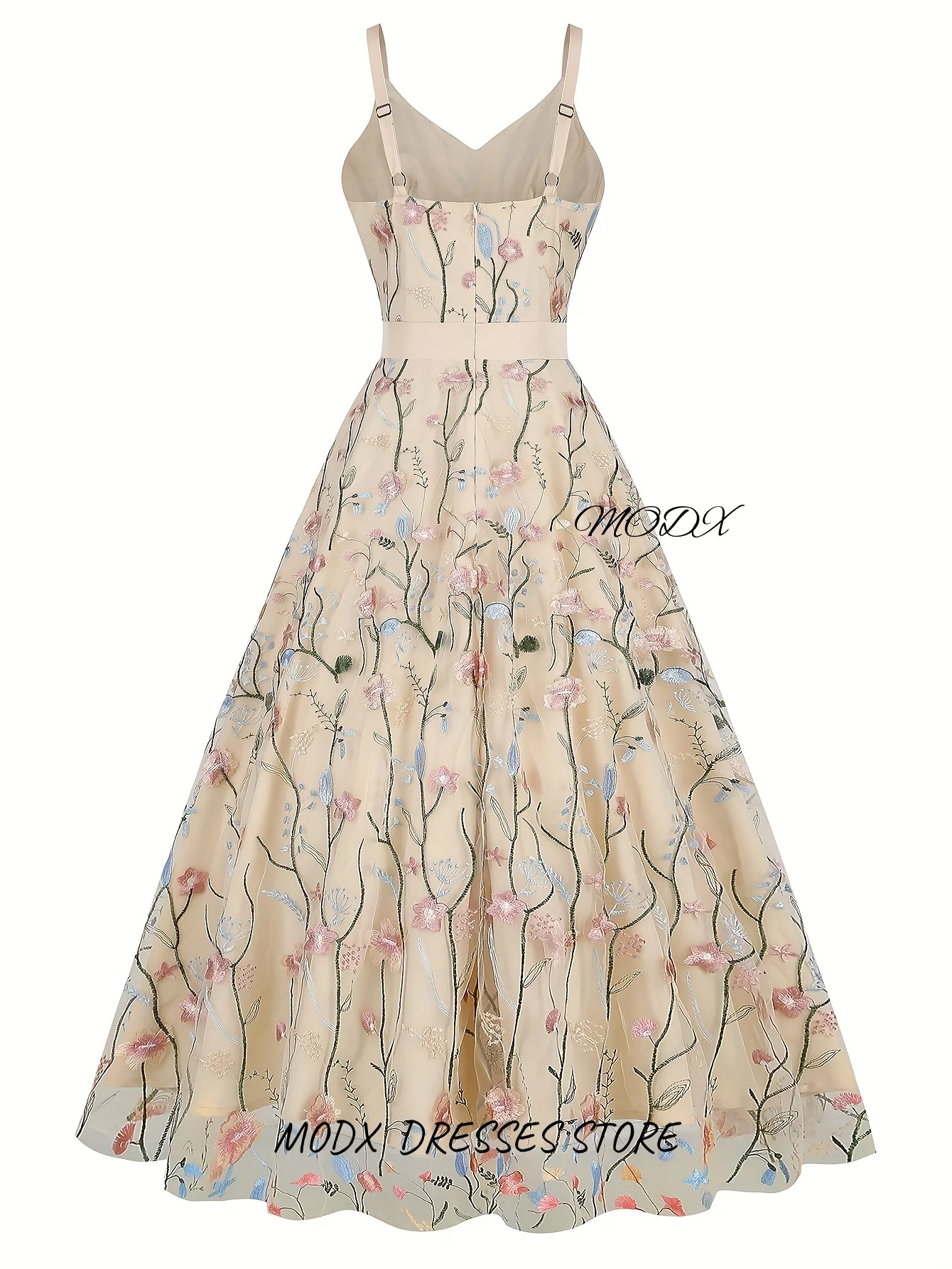 MODX Beiges Abendkleid mit V-Ausschnitt und Blumenstickerei, ärmelloses Tüll-Maxikleid für Damen, Party, Abschlussball, formelles Outfit, individuell gestaltet