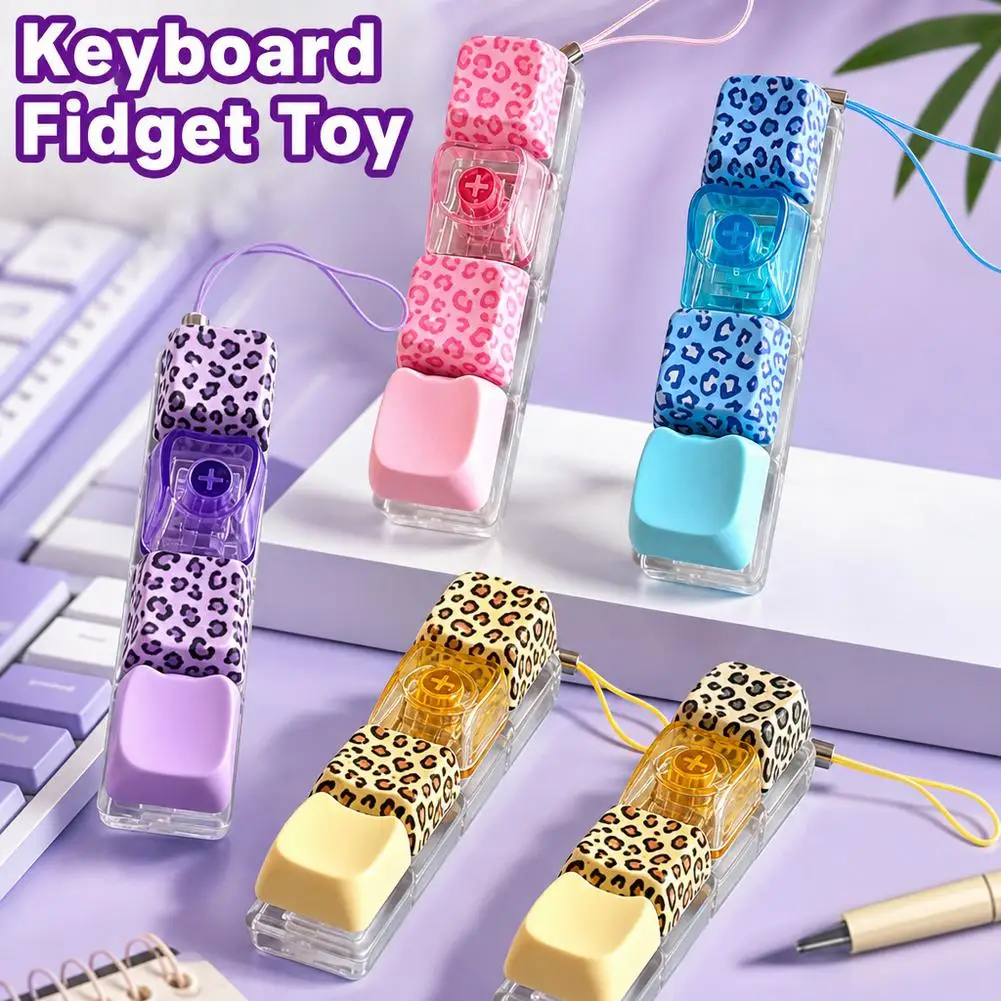 Leopard Print Keycap Fidget Keychain 4-Key Mechanical Clicker Stress Relief Gadget Portable Backpack Pendant for Adults Gifts
