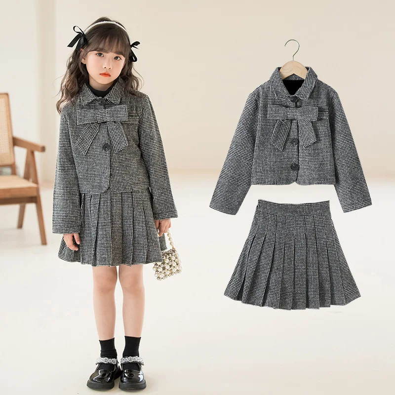 

3-15 yrs Fashion Kids Girls Clothes Set Autumn Winter Children Plaid Coat Outwear+Skirt Elegant Vintage Outfits Girl Suit