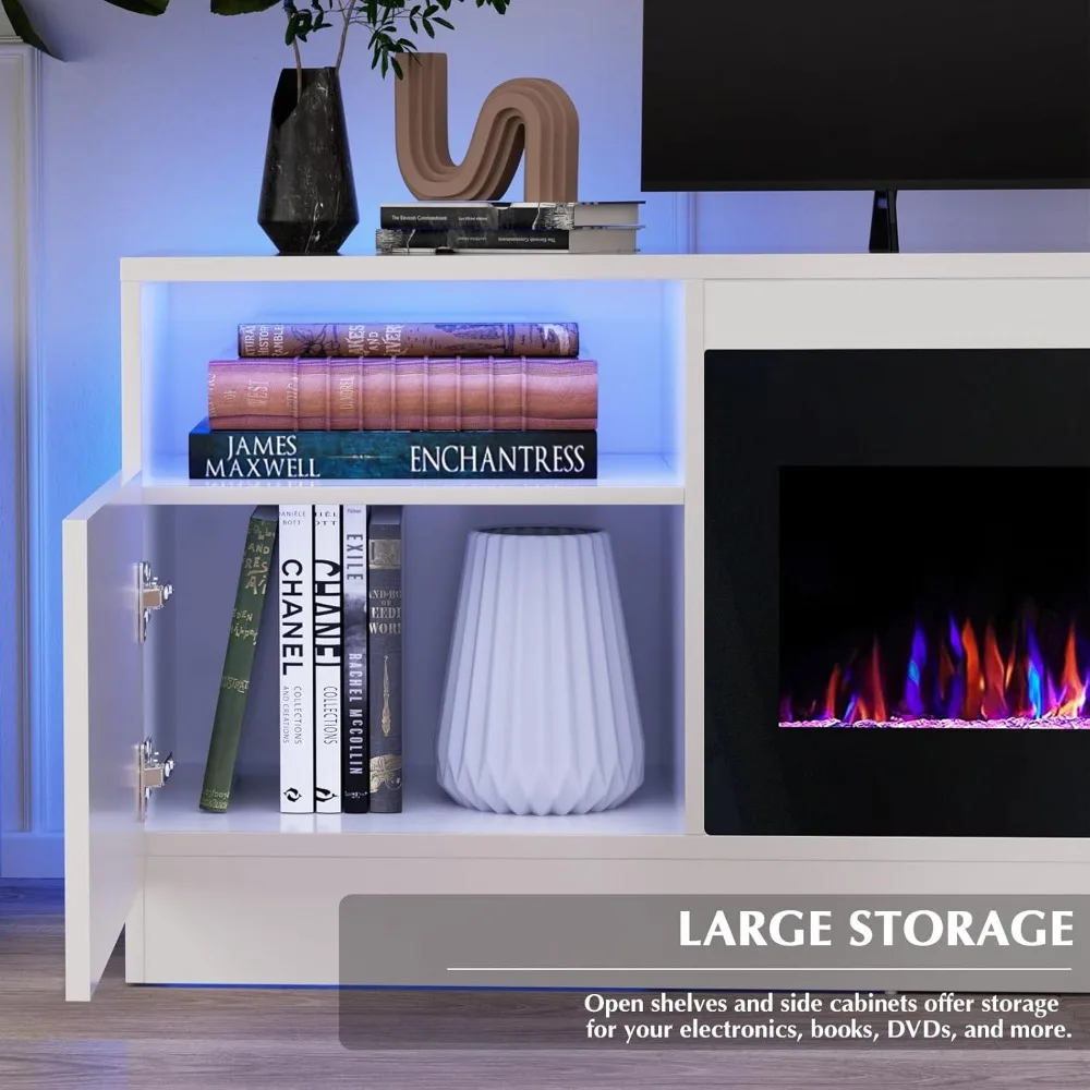 Fireplace tv Stand with 36 inch Fireplace Up to 80" TVs,LED Light Entertainment Center and Storage, 70" Modern Wood Medi image 6