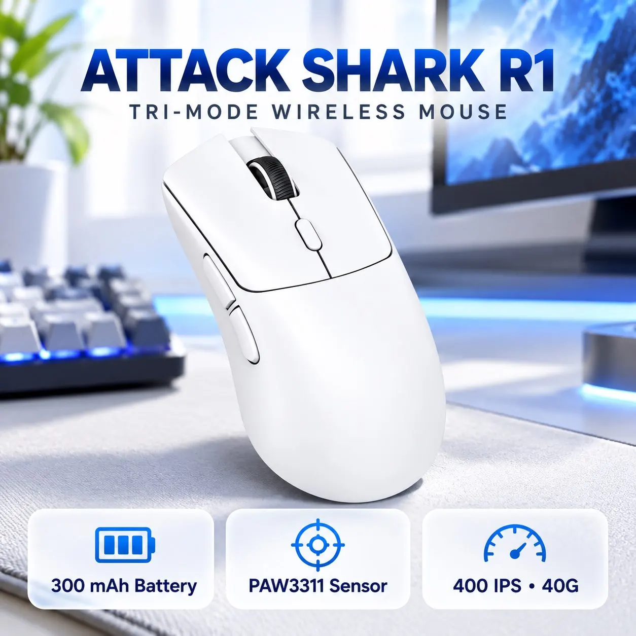 Mouse Sem Fio Attack Shark R1, Tri-Mode, Design Ergonômico Leve, Sensor PAW3311 para Jogos e Escritório em PC e Laptop Windows