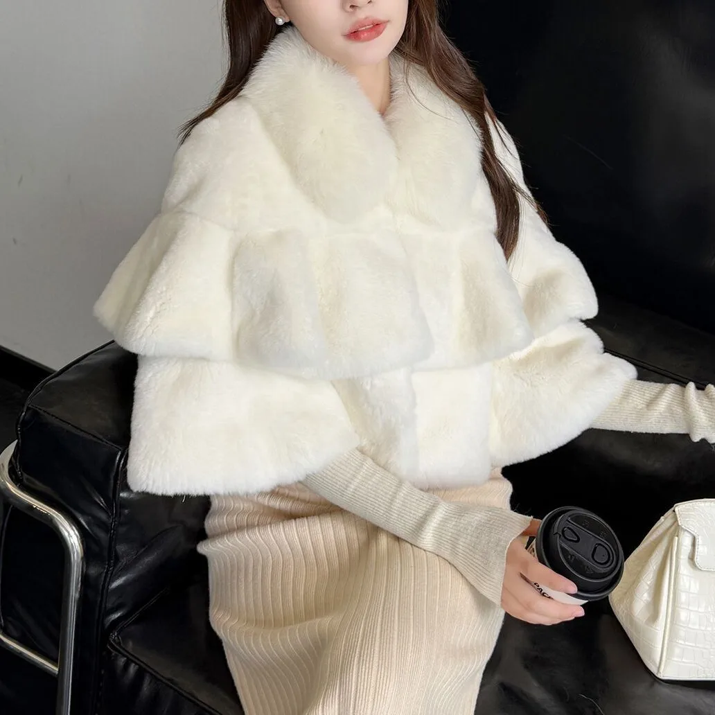 Women's Genuine Fur Cape Jacket, Ivory White Plush Coat, Oversized Collar, Layered Sleeves, Winter Outerwear