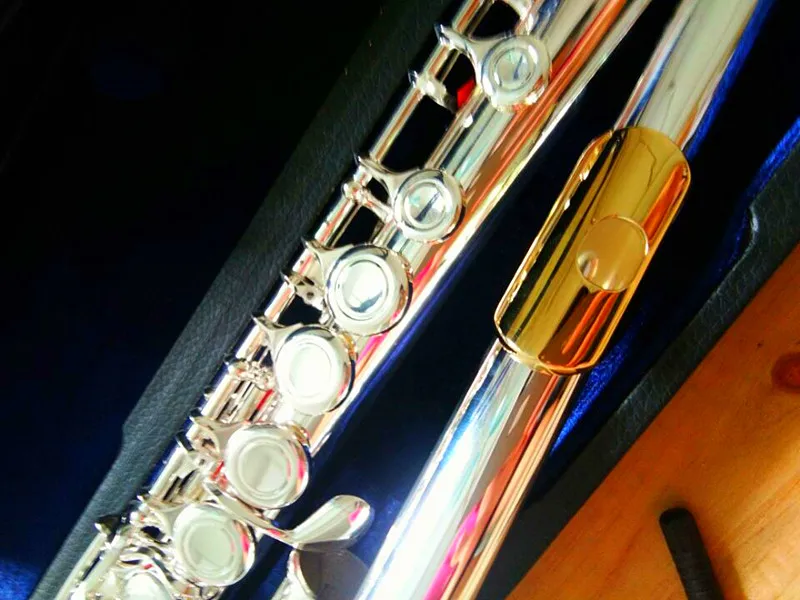 YFL-212 Silver C-Tune Flute with 16 Keys And E-Key Gold Mouthpiece Music Instrument Closed Overhead for Enhanced Sound Quality