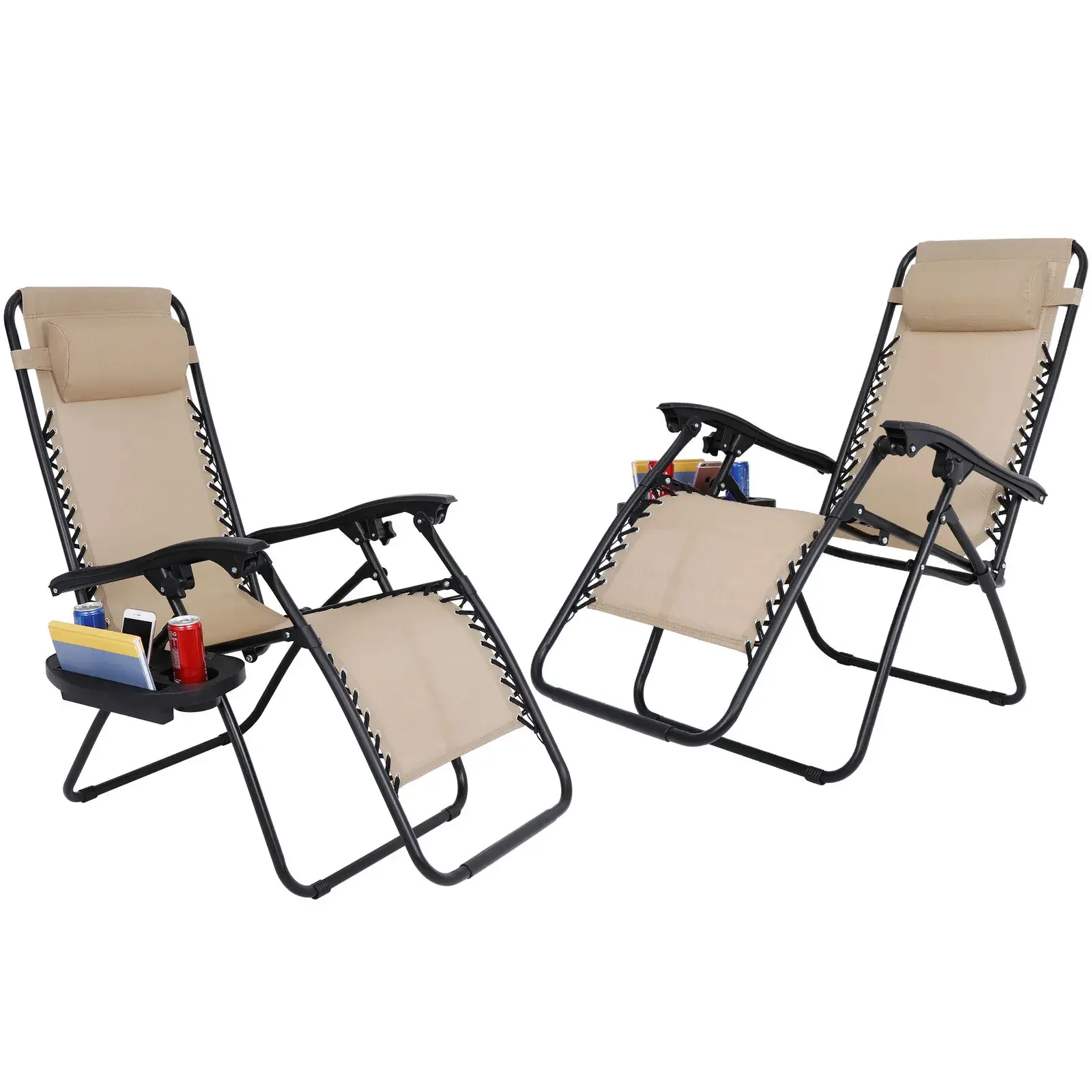 Set of 2 Zero Gravity Lounge Chair Recliners for Patio Pool w/Cup Holders Beige