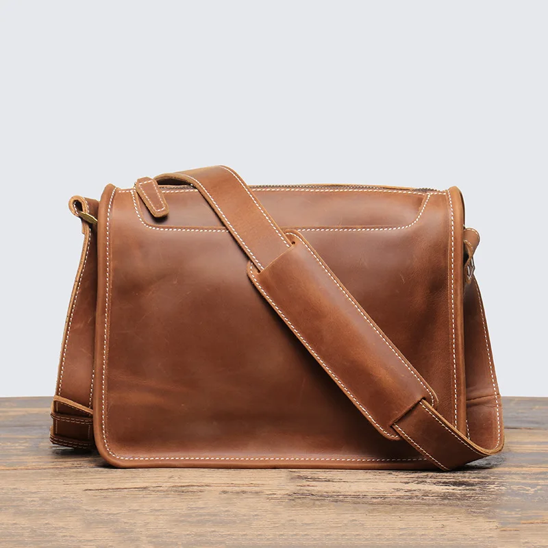 Bolso de un solo hombro para hombre de piel de vaca de primera calidad, bolso cruzado de viaje de gran capacidad de cuero de Caballo Loco hecho a mano