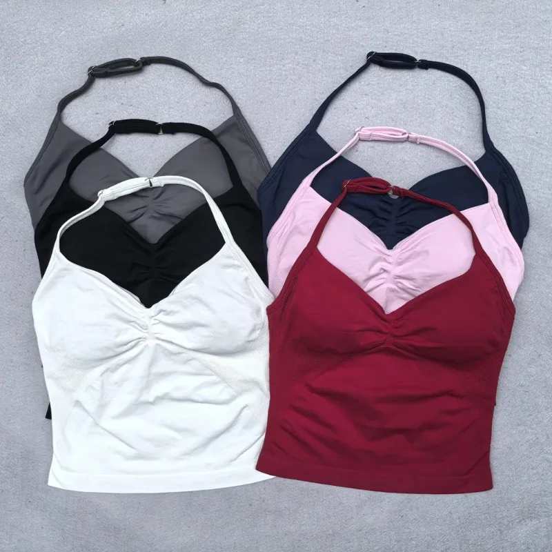 Adjustable Strappy Gym Top Backless Gym Clothes Women Scrunch Bra Removable Cups Yoga Tank Workout Outfits Tops Sports Vest 2025