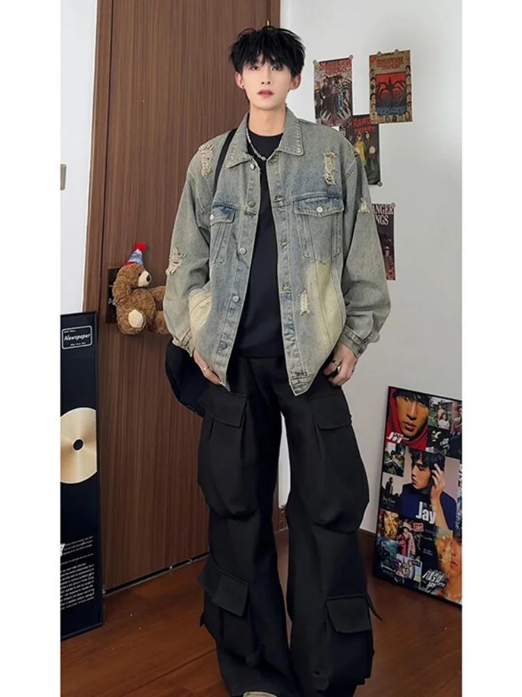 

Винтажная мужская джинсовая куртка Waed: новая коллекция весна-осень, модный бренд, с дырками, в американском уличном стиле, крутая куртка для парней