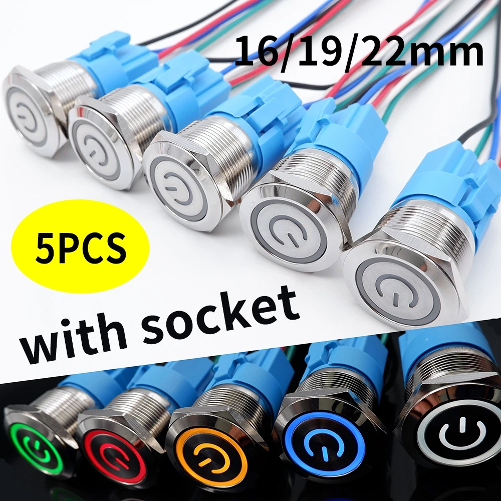 Interruptor de botão de metal à prova d'água, 5 peças 16/19/22mm luz led travamento momentâneo interruptor de alimentação do motor de carro soquete 5v 12v 24v 220v