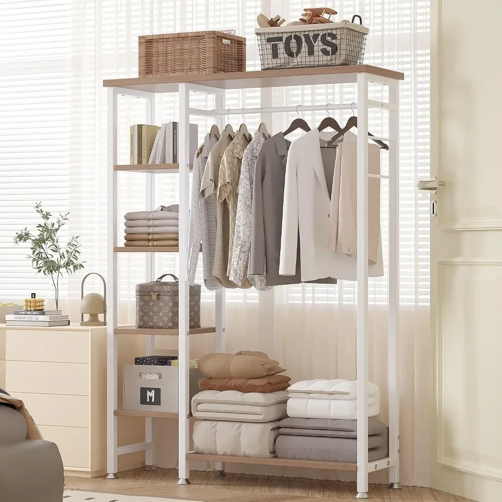Heavy Duty Clothing Rack with 5 Shelves, Free-Standing Storage Closet for Small Spaces, Max Load 350LBS, White Oak