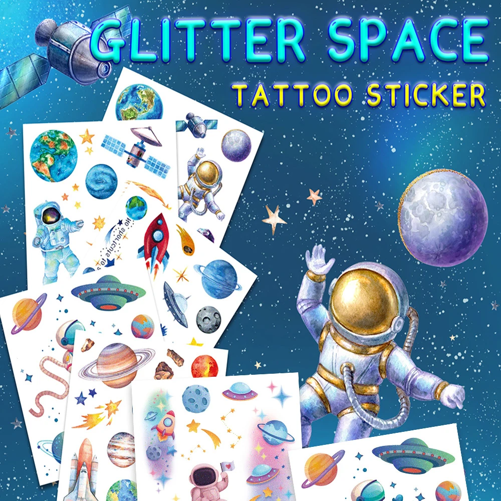 8 Sheets of Glitter Space Astronaut Tattoo Stickers with Rocket, Planet, and Spaceship Designs for Birthday Party Decorations, Gifts, Music Festivals, Nightclub Party Decorations, Lasting for 2-5 Days