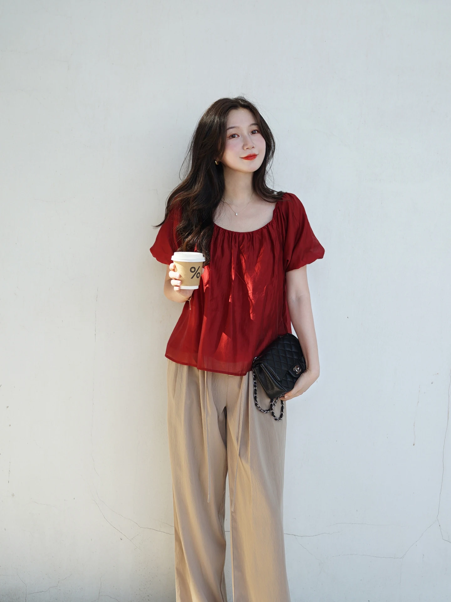 

Cool Women's Red Green Bubble Sleeve Silk Chiffon Top Tie Waist Loose Fit French Style round Neck Short Sleeve Summer Shirt