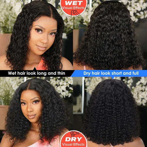 Imagen 2 del producto Peluca Bob corta de onda profunda negra Natural, pelucas Bob con ondas de agua rizadas de 200 de densidad, pelucas de cabello humano Frontal de encaje 13x4, cabello humano 100%