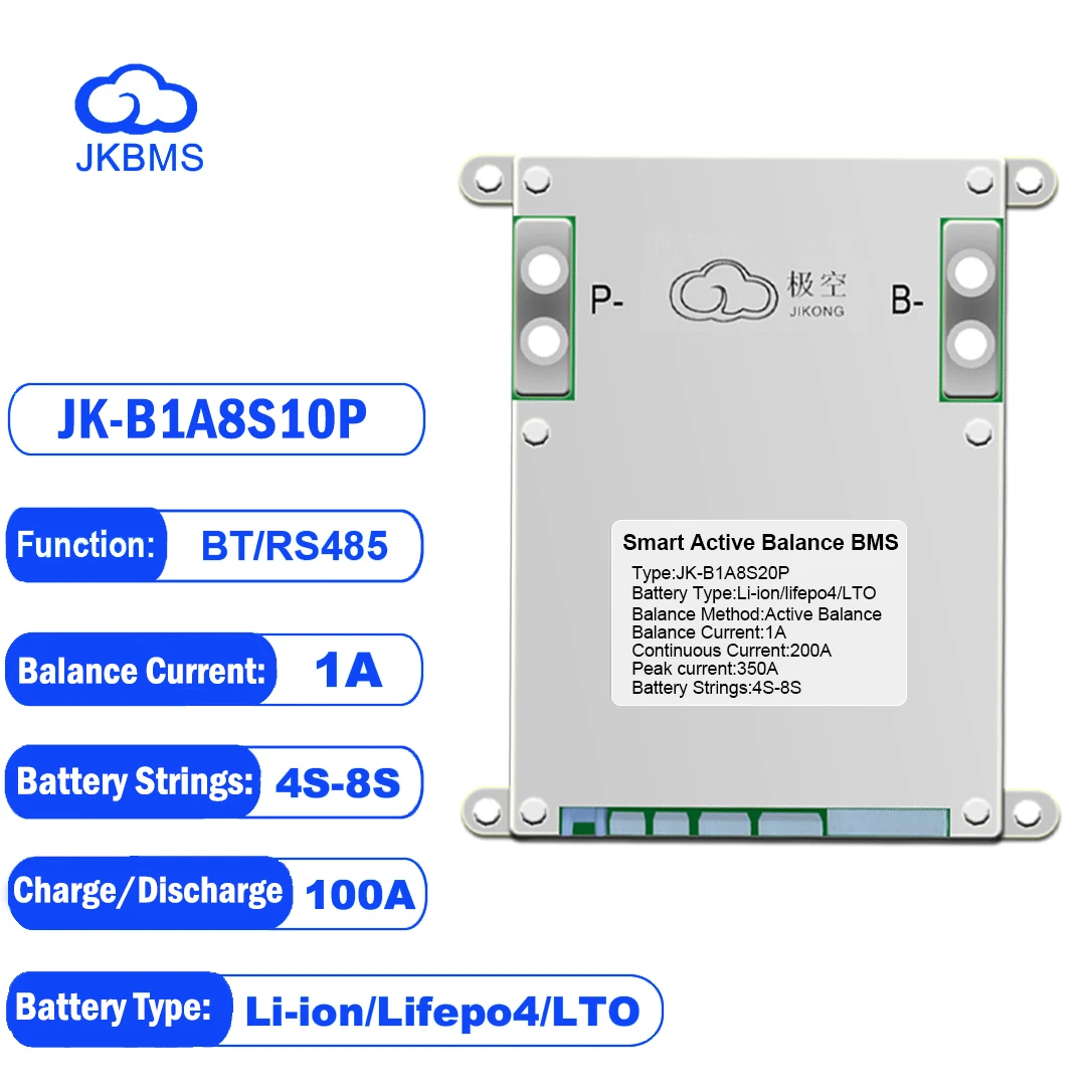 JK الذكية BMS JK-B1A8S10P 1A التوازن النشط للبطارية Lifepo4 4s 5s 6S 8S 100A BT 48 فولت 60 فولت ليثيوم أيون 18650 التخييم بطارية Ebike