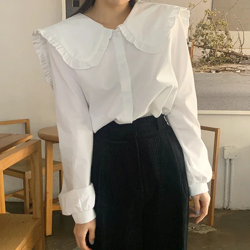 2024 Fashion Chic Turn-down Collar White Cotton Women Shirt Elegant Long Sleeve Blouse Vintage Sweet Female Blusas 14836