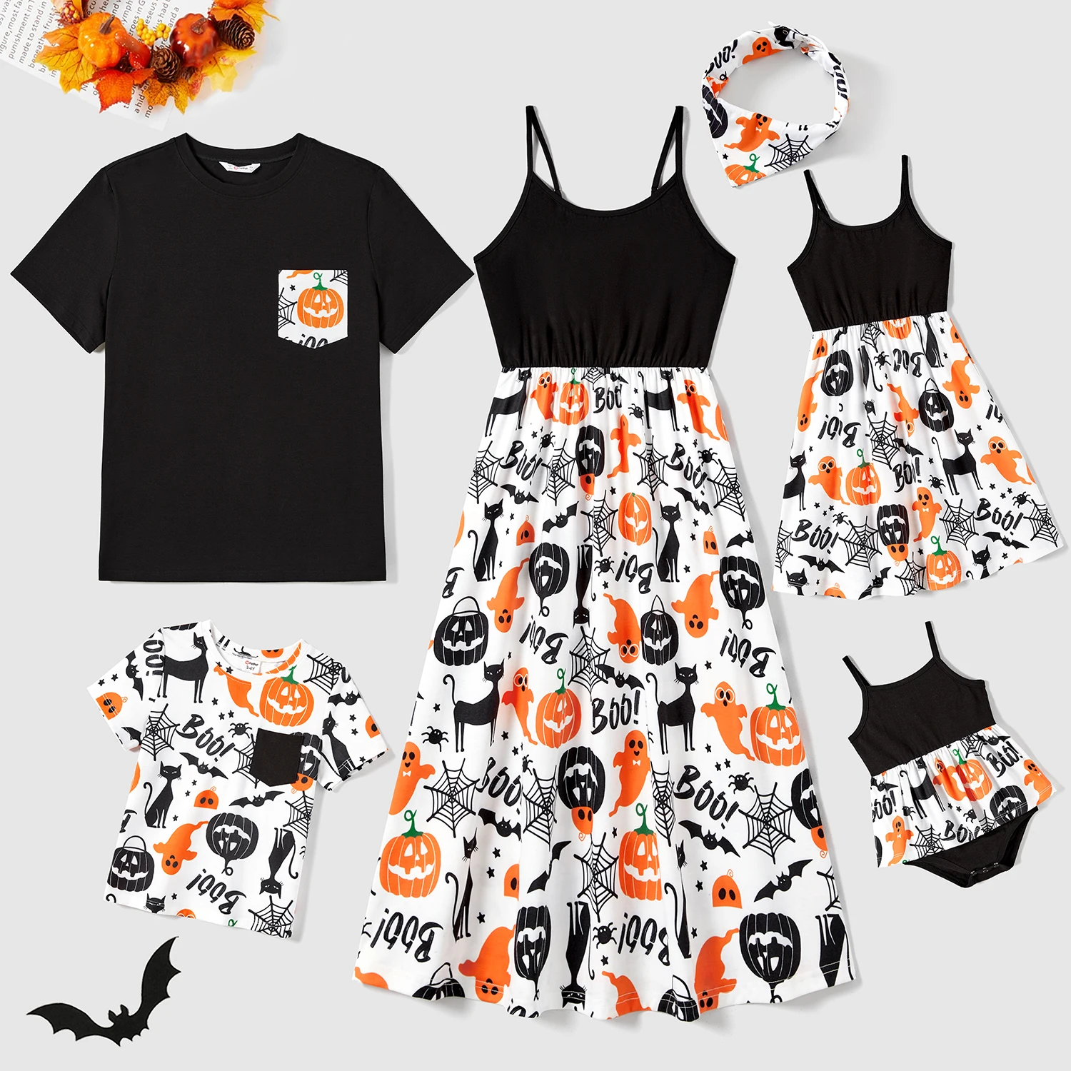 

PatPat Halloween Fmaily Matching Spaghetti Strap Pumpkin Sleeveless Dresses and Short Sleeve Tops Sets