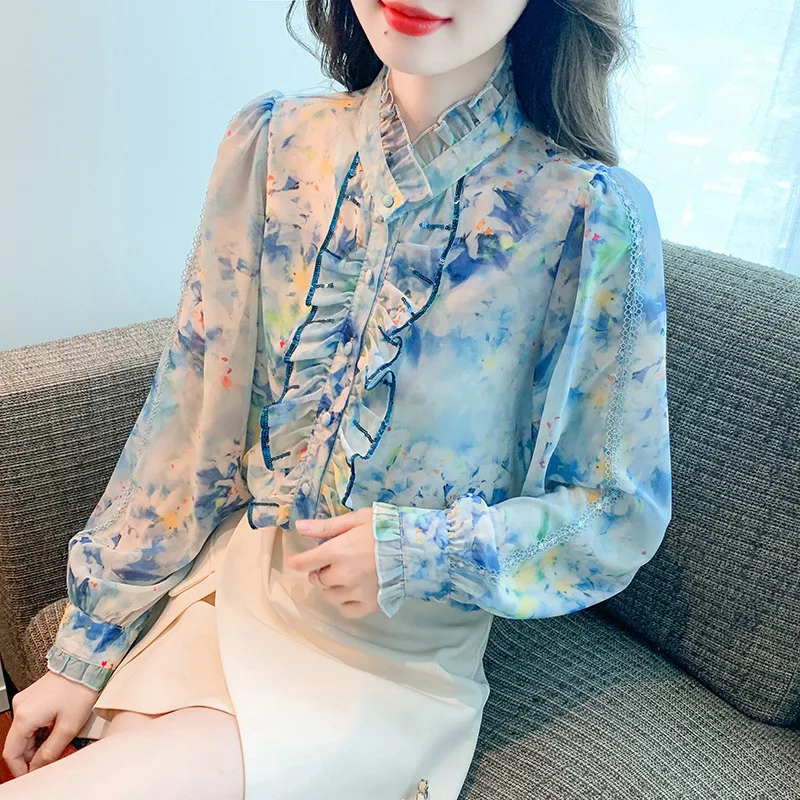 #2589 Spring Chiffon Shirt Long Sleeve Tie Dye Floral Shirts Ruffled Collar Split Joint Ruffles Vintage Ladies Tops And Blouses 