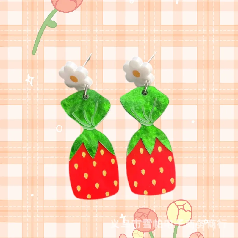 Acrylic Flowers Strawberry Candy Stud Earrings For Women Creative Multilayer Pendants Earring Jewelry Gift