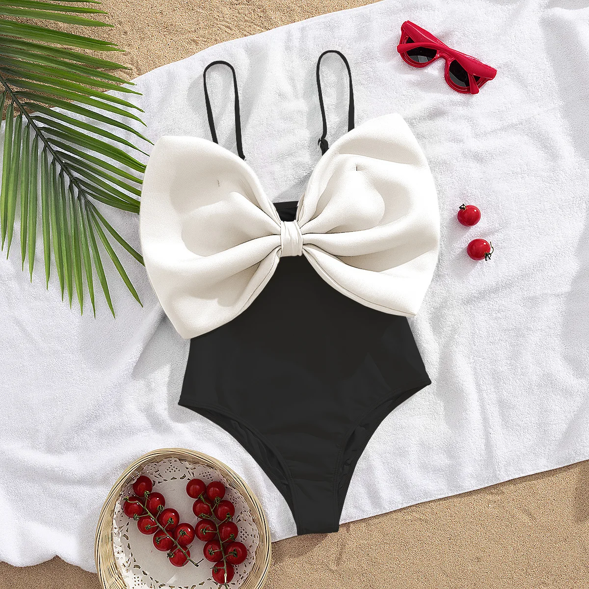 

Винтажный купальник с большим бантом спереди, женский купальник 2025, белый, черный, контрастный, цельный купальник с контролем живота, праздничный купальный костюм, монокини
