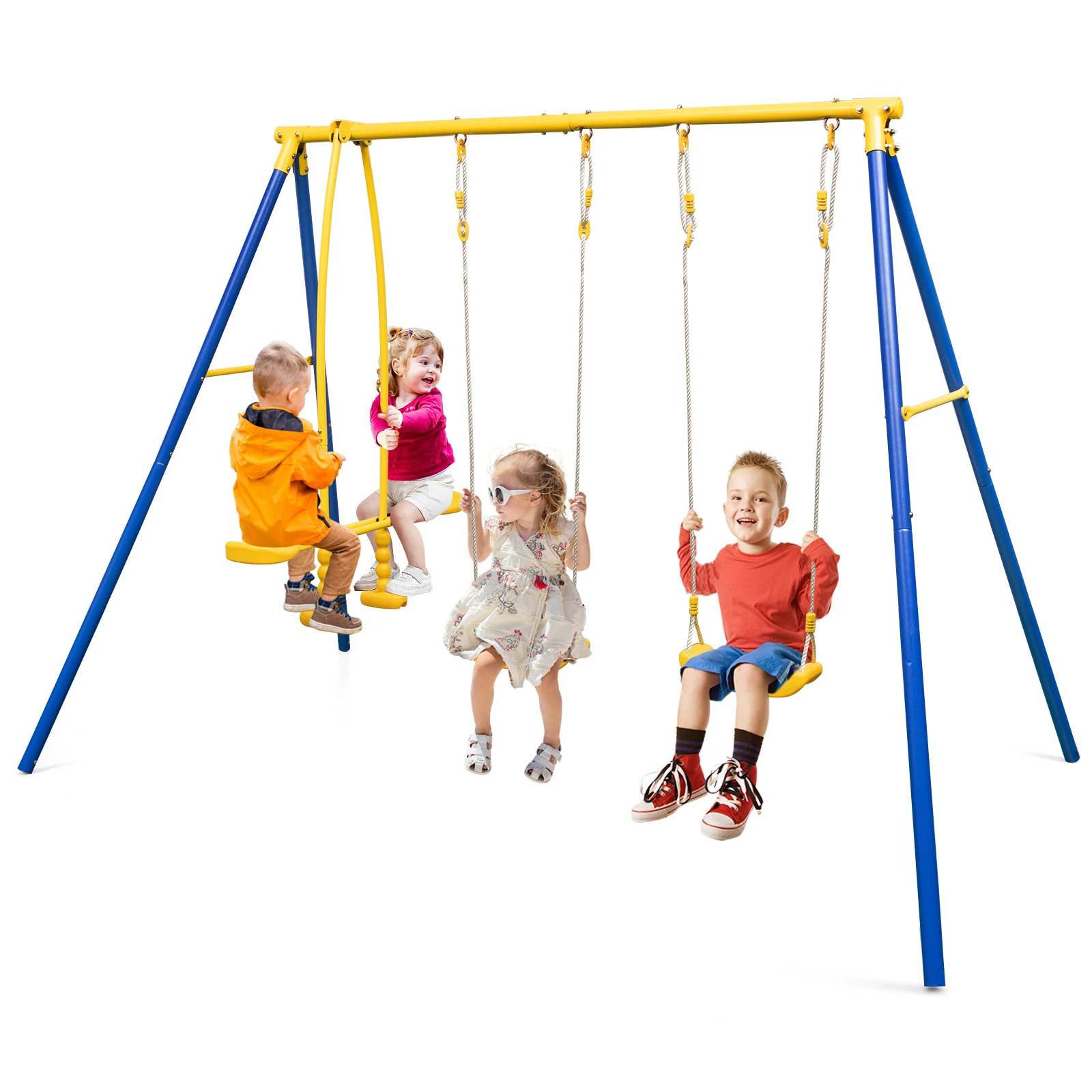 

Metal Swing Set for Backyard with A-frame Stand & Adjustable Hanging Ropes