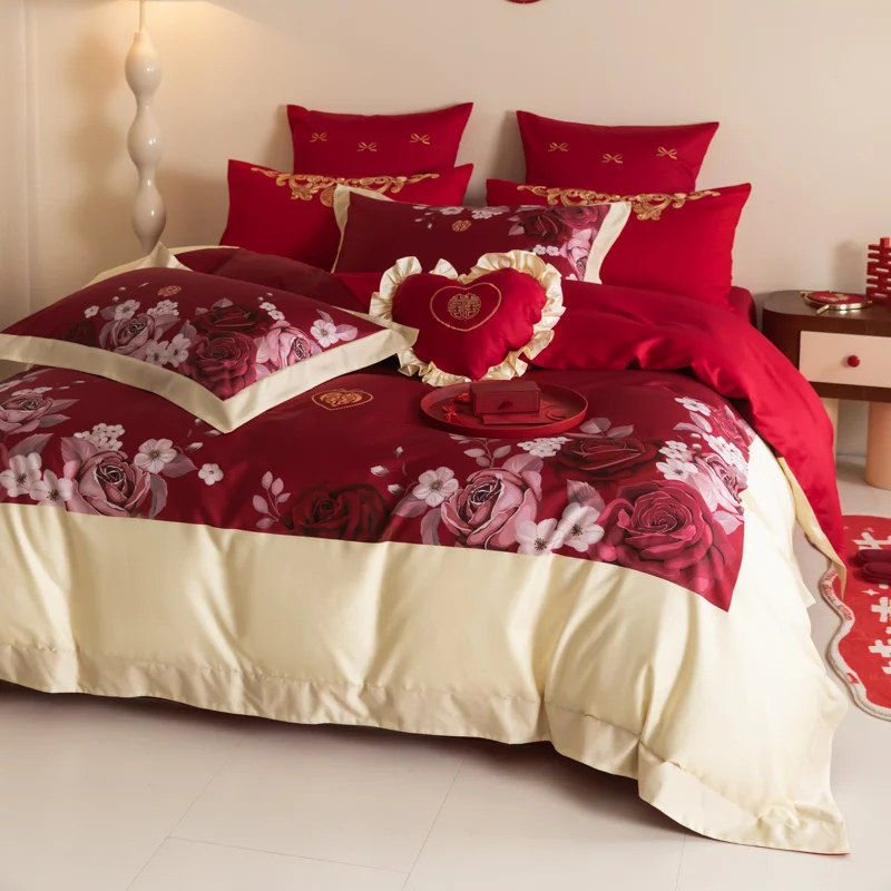 

Rose Printing Wedding Bedding Set King Queen Size Luxury Red 100% Cotton Duvet Cover Bed Sheet Pillowcases Home Textile