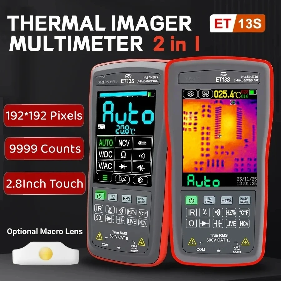 ET13S Thermal Camera 192*192 Optional Macro Lens Thermal Camera Multimeter 9999 Counts Voltage Duty Cycle Diode Ohm Test