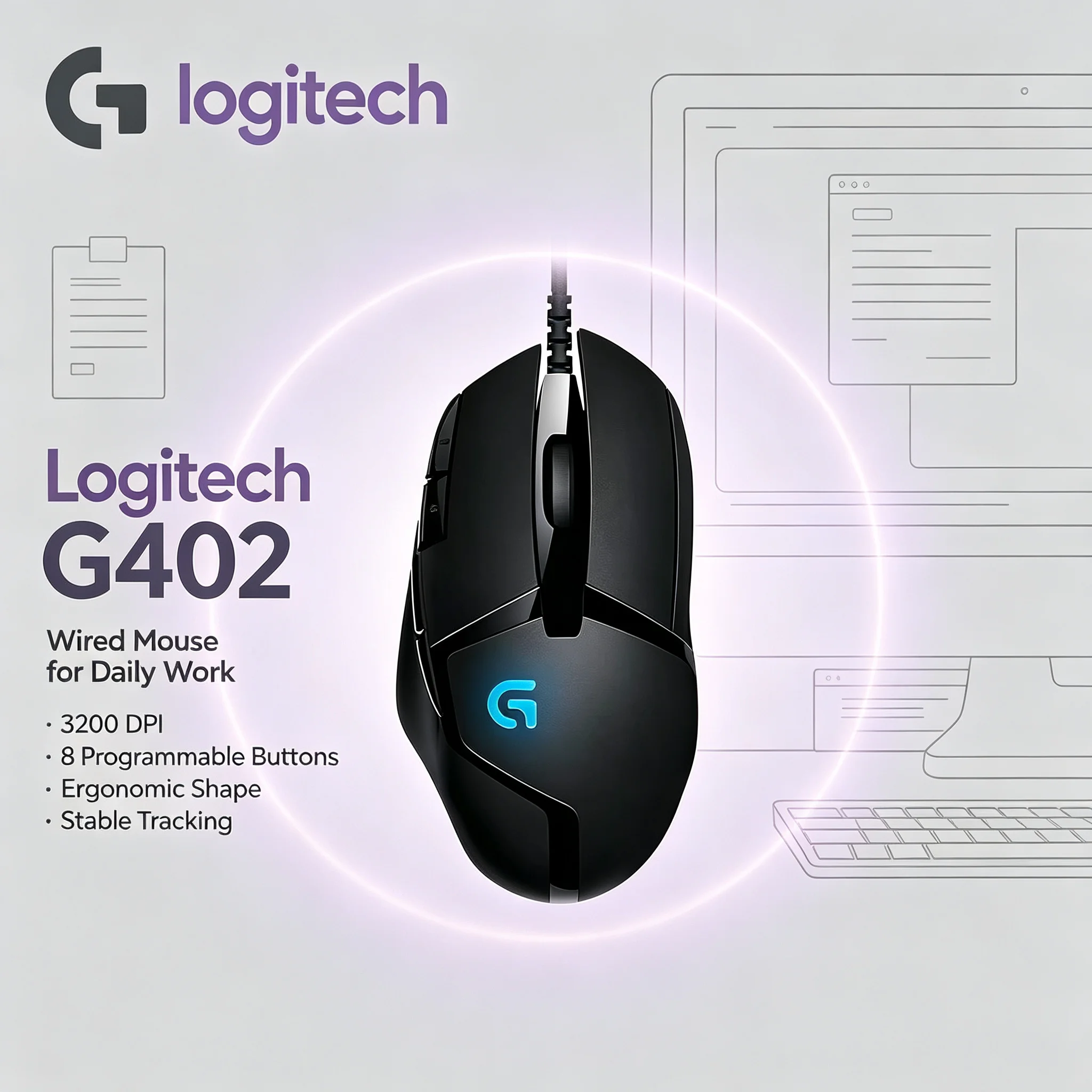 Logitech G402 Wired Gaming Mouse Ergonomic Optical Mice Adjustable DPI RGB Backlit For CS 2 Valorant League Of Legends Game Play