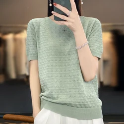 2023 Summer New 100% Cotton Knitted Short Sleeve Women's Thin Hollow Loose Large Size T-shirt Round Neck Solid Half Sleeve Top