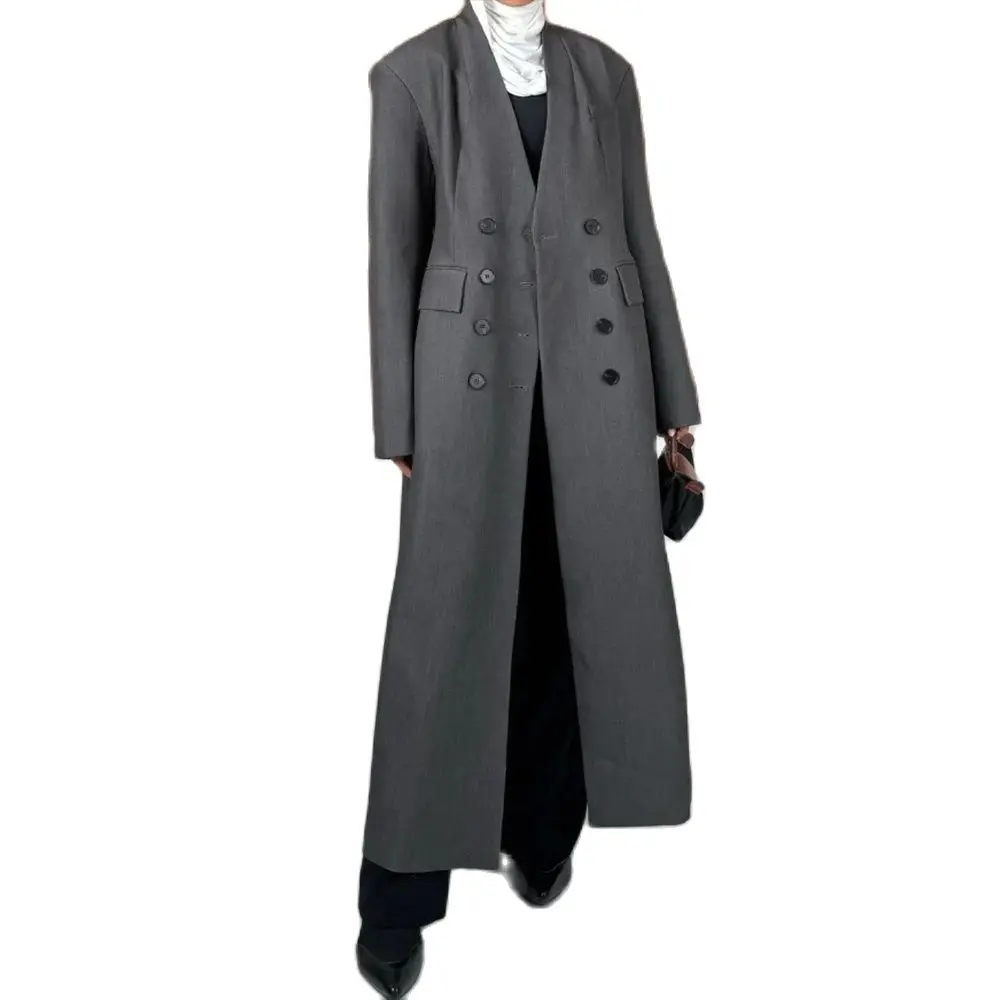 Simple Grey V Neck Long Women Long Jacket Fashion Double Buckle Female Daily Coat Formal Ankle Length Dress