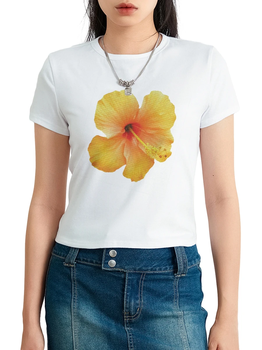 Women T-shirt Crew Neck Short Sleeve Flower Print  Fit Summer Tops for Casual Daily