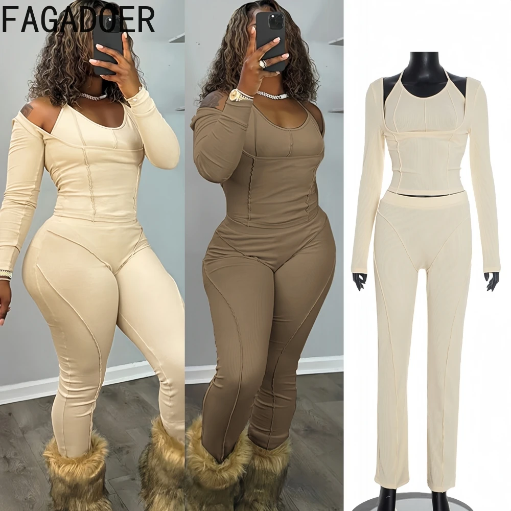 

FAGADOER модный спортивный комплект из 3 предметов в рубчик для женщин, наряды с U-образным вырезом и длинными рукавами + жилет + узкие брюки, одинаковая женская уличная одежда