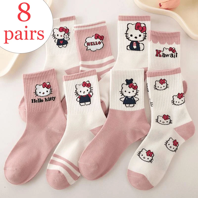 

8pairs Hello Kitty Socks Soft Breathable Mid Calf Sports Socks Women Sweat Absorption Autumn Spring Socks Cartoon Casual Sock