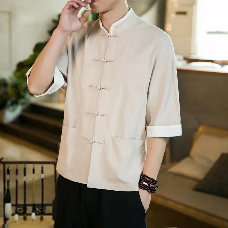 

Креативная контрастная цветная рубашка на пуговицах, литературная рубашка, костюм Тан, японское кимоно с короткими рукавами, одежда самурая, мужская куртка юката