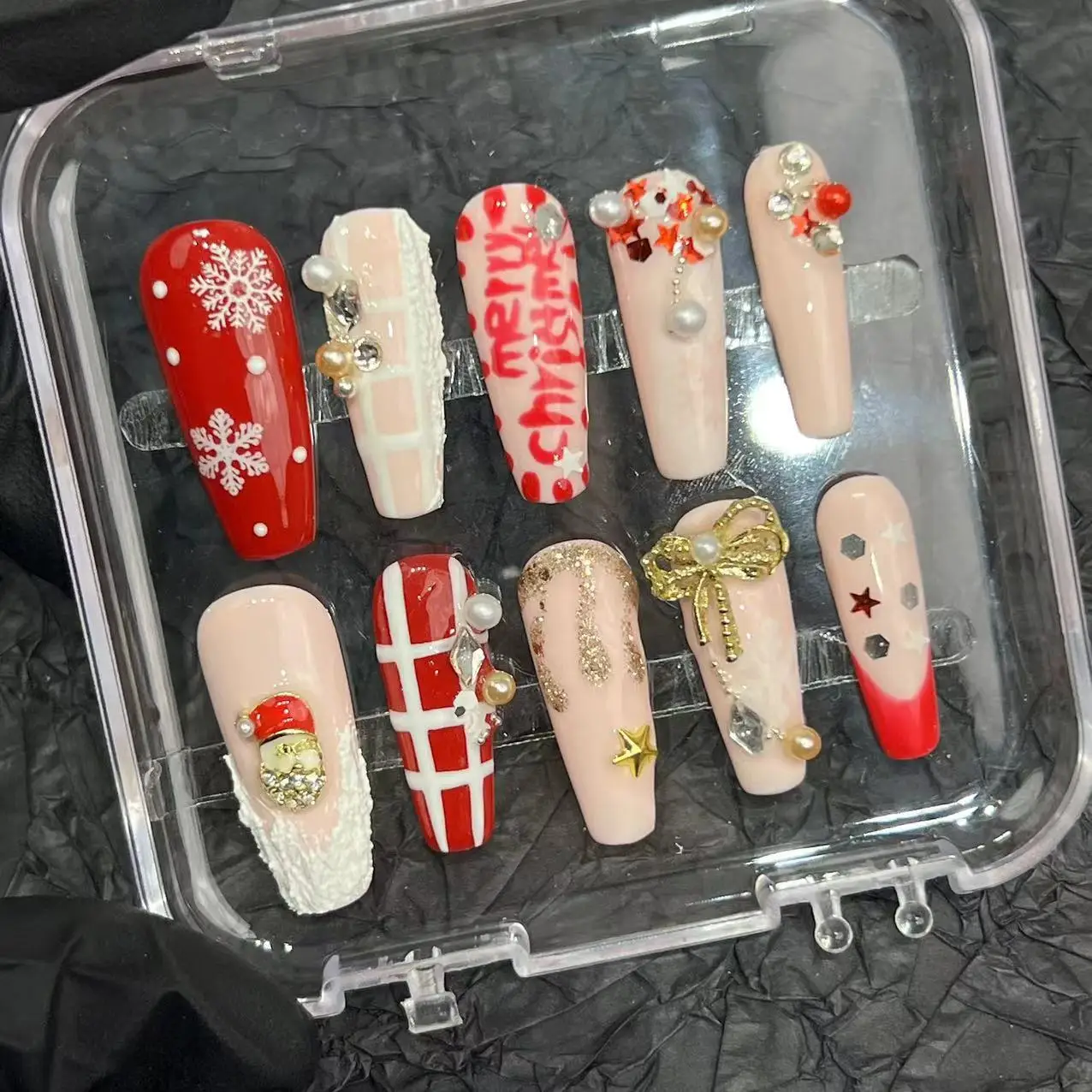 10pcs Handmade Press on Nails Merry Christmas Pearl Snowflake Design False Nails for Girls Wearable Red French Fake Nail Patches