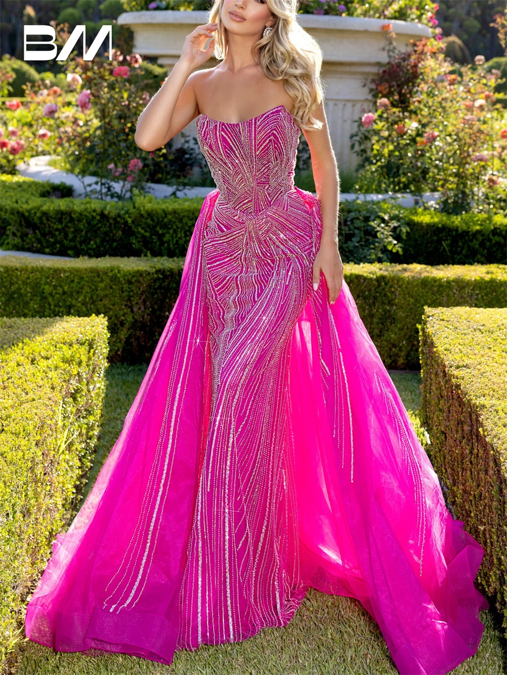 

Hot Pink 2 in 1 Evening Dress for Women, Strapless Long Sheath Prom Dresses with Detachable Train, Beading Sequins Formal Gowns