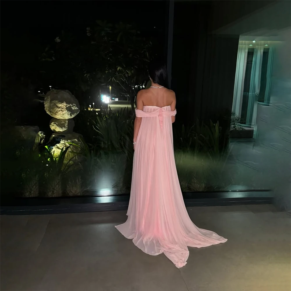 فستان سهرة وردي بدون أكتاف مطرز على شكل حرف A من الشيفون فساتين سهرة طويلة بدون ظهر للحفلات الرسمية في دبي حسب الطلب #5