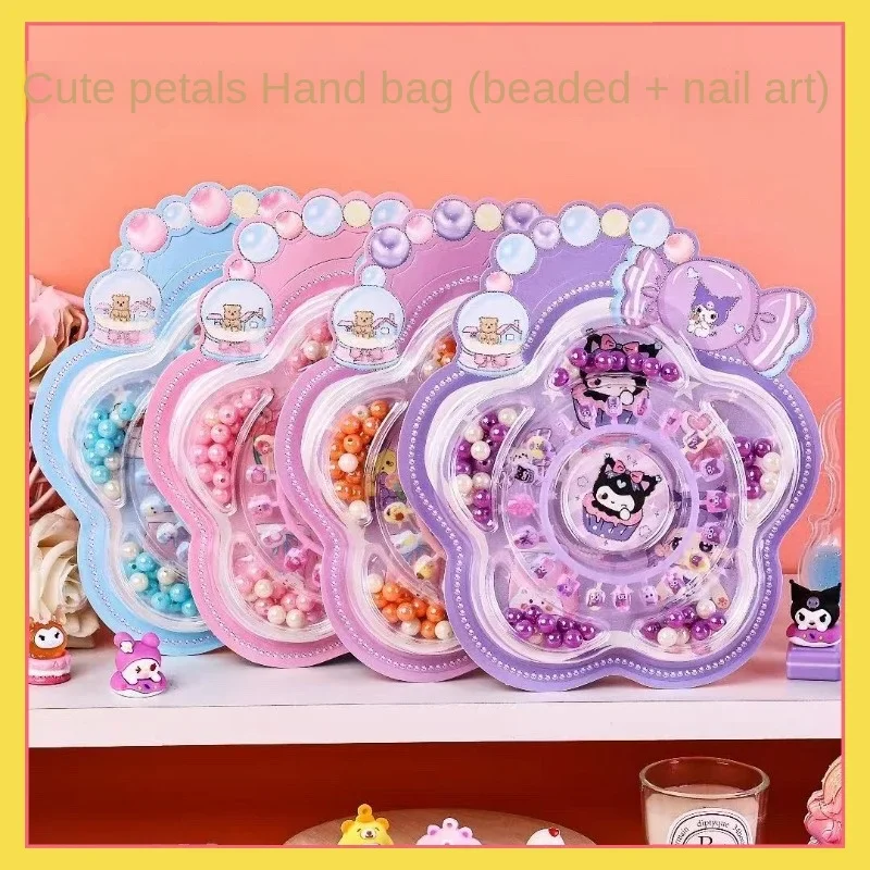 

New Sanrio Nail Bead Bracelet Set for Girls, Handmade Creative DIY Dress up Stickers, Petal Handbag, Children's Gift