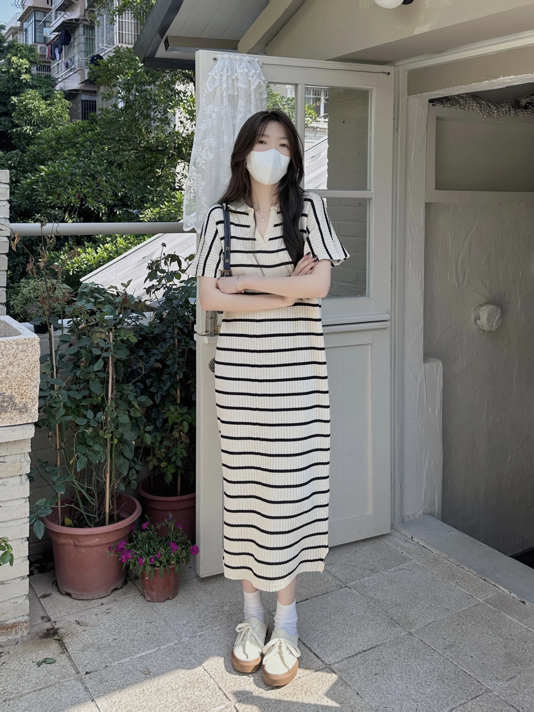 2024 Loose Striped T Shirt Dress Women Korean Casual Midi Simple Casual Korean Short Sleeve Hollow Cotton Dress