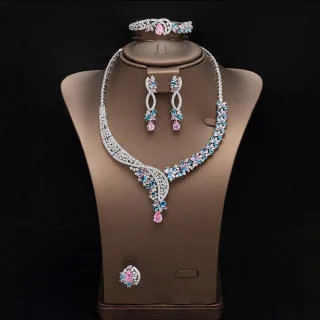 

HIBRIDE 2025 New Pretty Personalized Pink Jewelry Necklace Earrings Bracelet Set Women's Decorative Wedding Ball Gift S-1053